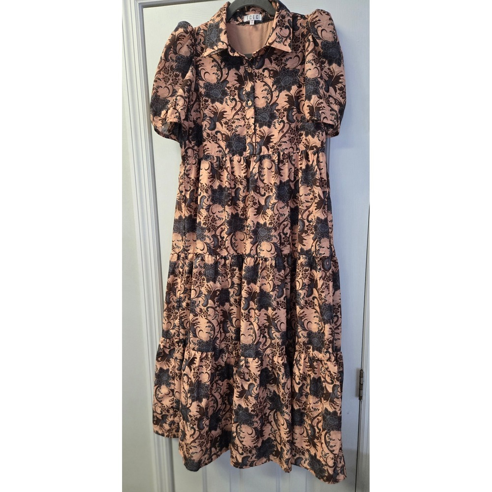 TCEC Tan Floral Damask Tiered Midi Dress Puff Sleeve Dark Floral Romantic Small